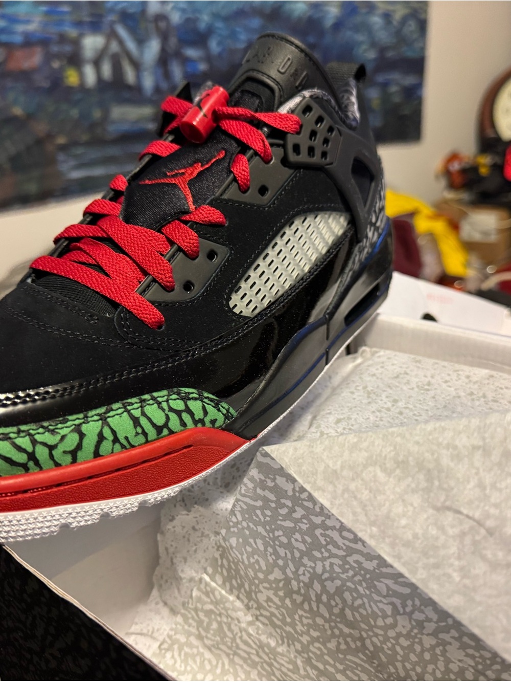 Jordan Kids' Black Sneaker with Red Laces and Green Accent